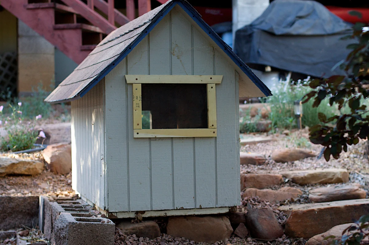 Stock example of a wooden dog kennel with an apex roof