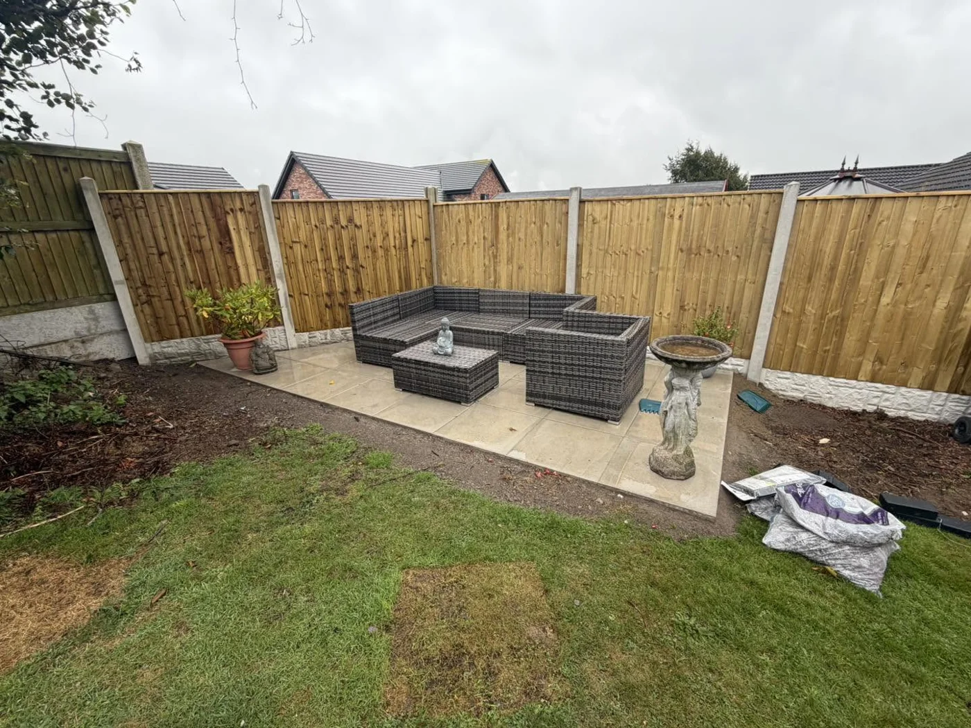 Timber privacy fencing around a garden patio